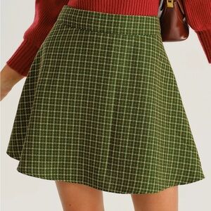 Green Plaid Flared Mini Skirt